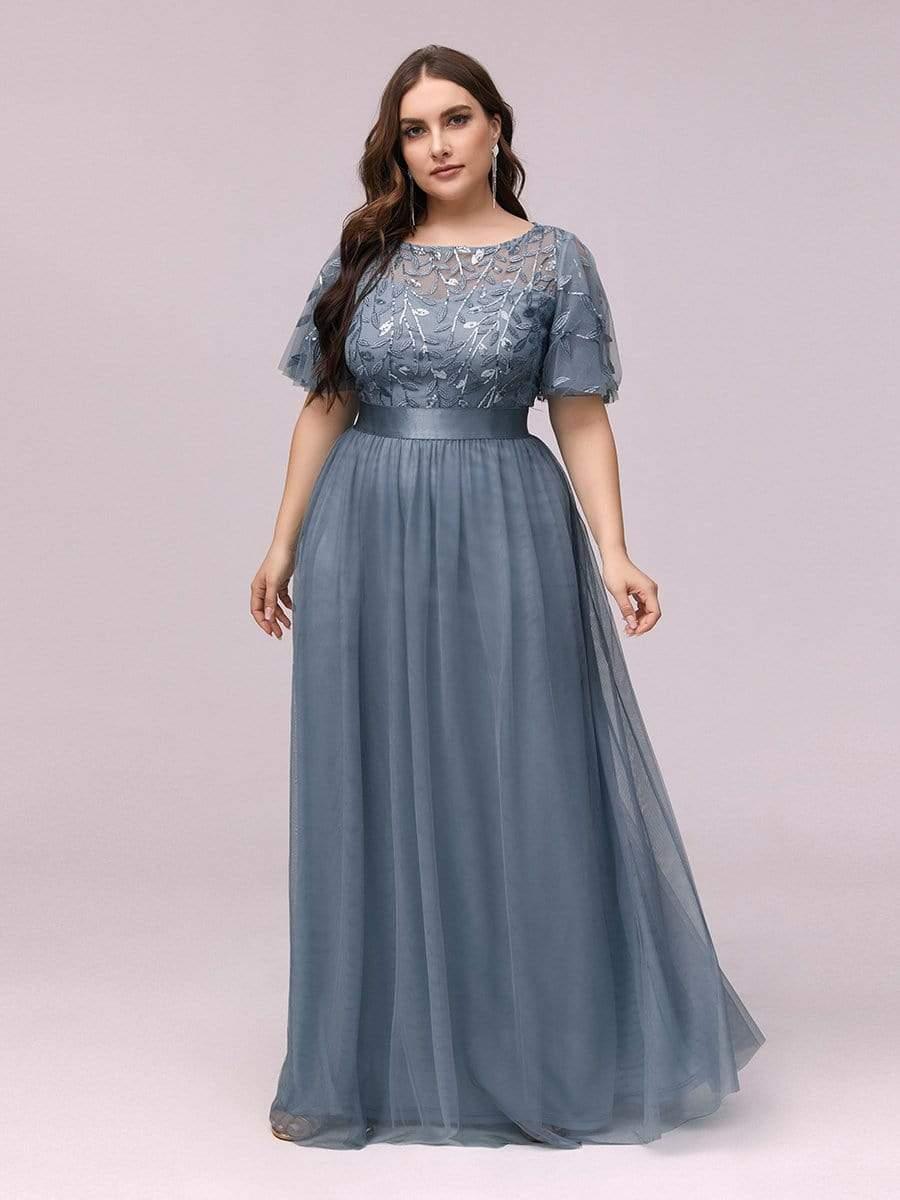 Women's A-Line Short Sleeve Embroidery Floor Length Bridesmaid Dresses #color_Dusty Blue