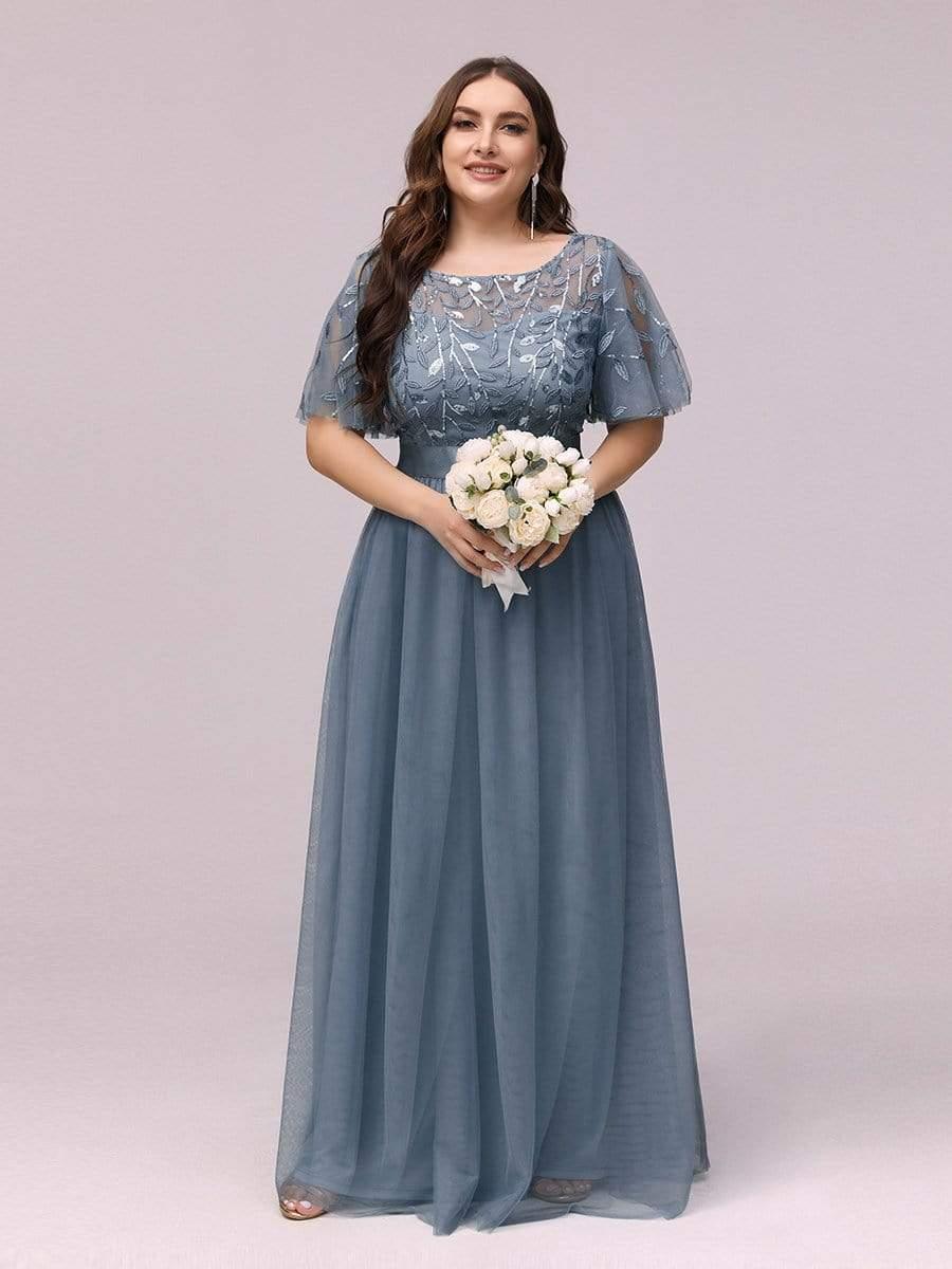 Women's A-Line Short Sleeve Embroidery Floor Length Bridesmaid Dresses #color_Dusty Blue