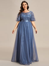 Plus Size Women's Embroidery Bridesmaid Dress with Short Sleeve #color_Dusty Navy
