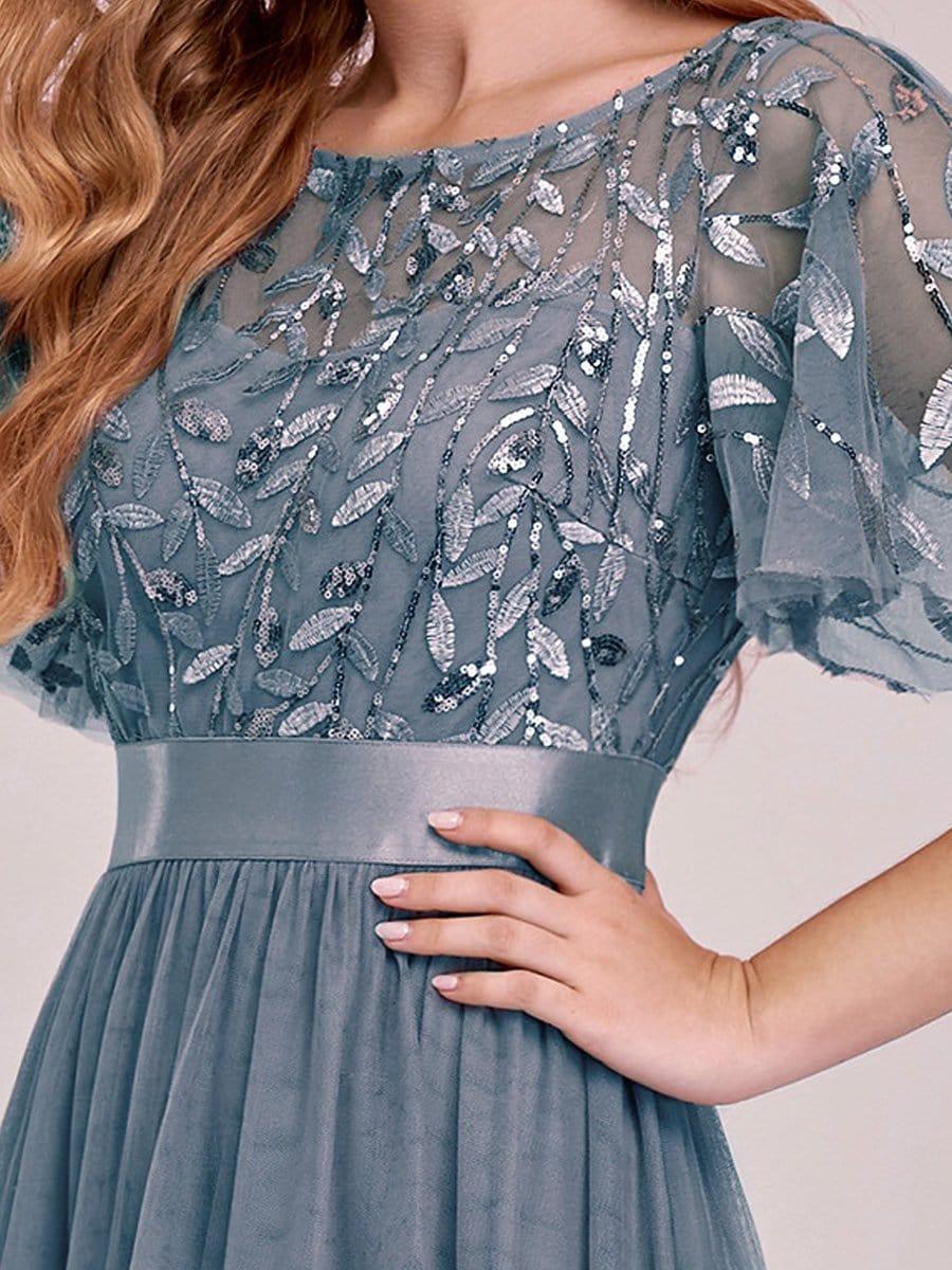 Women's A-Line Short Sleeve Embroidery Floor Length Bridesmaid Dresses #color_Dusty Blue