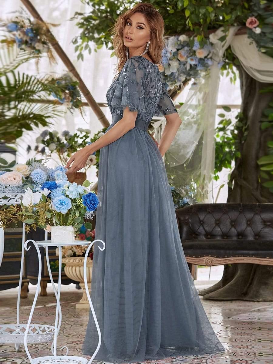 Women's A-Line Short Sleeve Embroidery Floor Length Bridesmaid Dresses #color_Dusty Blue