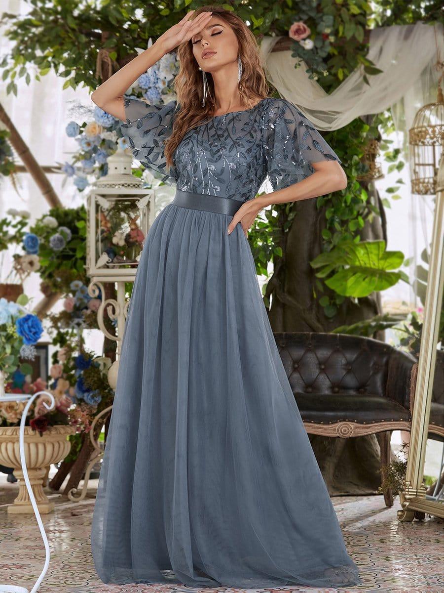 Women's A-Line Short Sleeve Embroidery Floor Length Bridesmaid Dresses #color_Dusty Blue