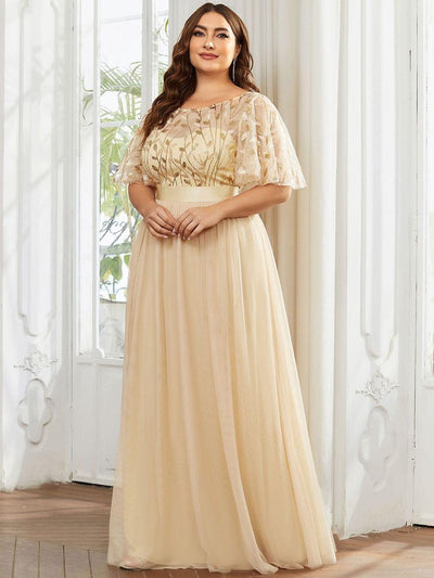 Plus Size Women's Embroidery Bridesmaid Dress with Short Sleeve #color_Gold