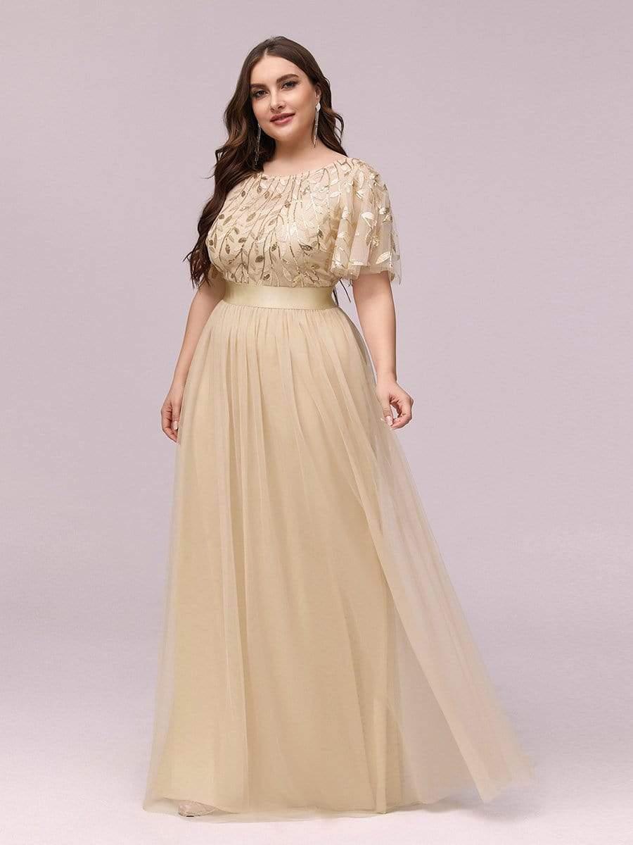 Women's A-Line Short Sleeve Embroidery Floor Length Bridesmaid Dresses #color_Gold