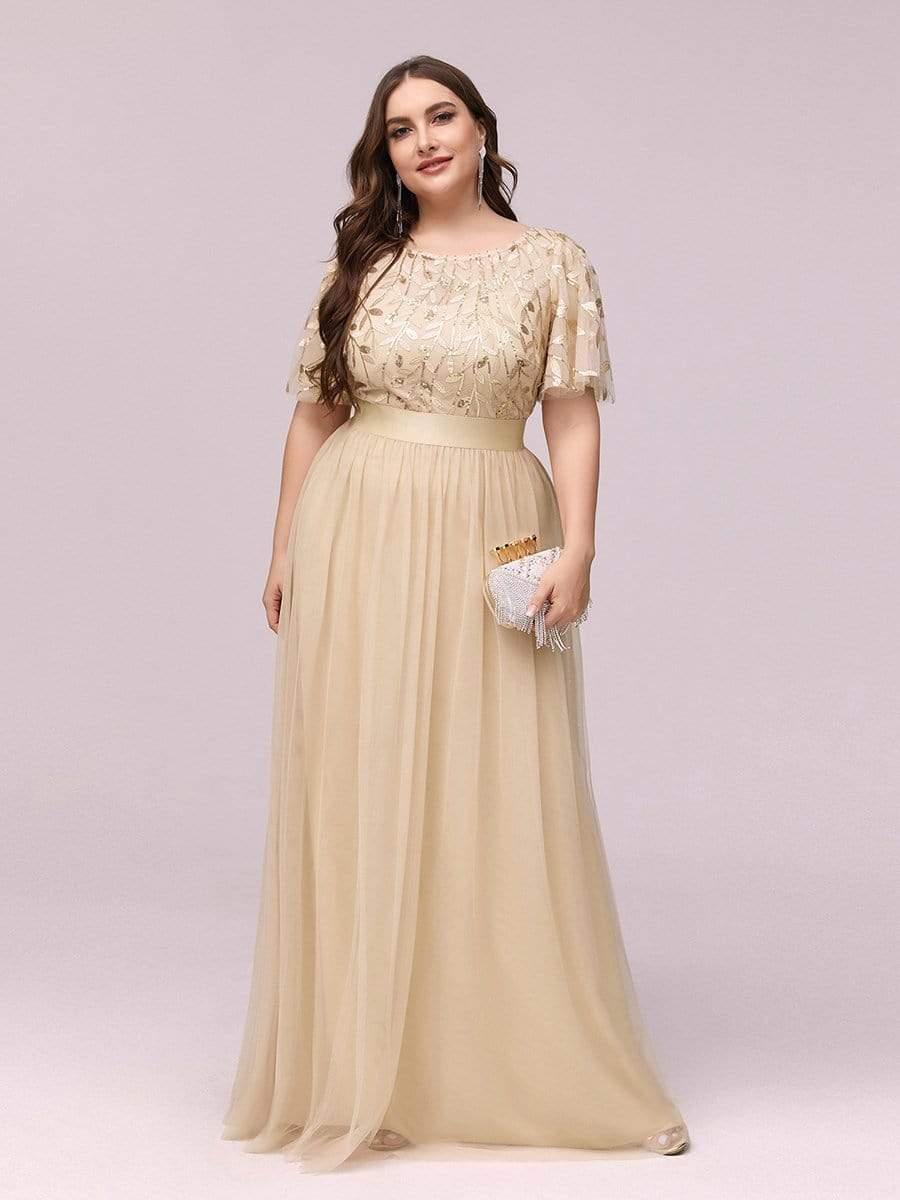 Women's A-Line Short Sleeve Embroidery Floor Length Bridesmaid Dresses #color_Gold