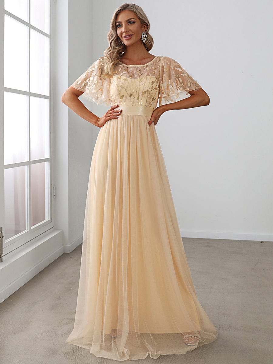 Women's A-Line Short Sleeve Embroidery Floor Length Wedding Guest Dresses #color_Gold