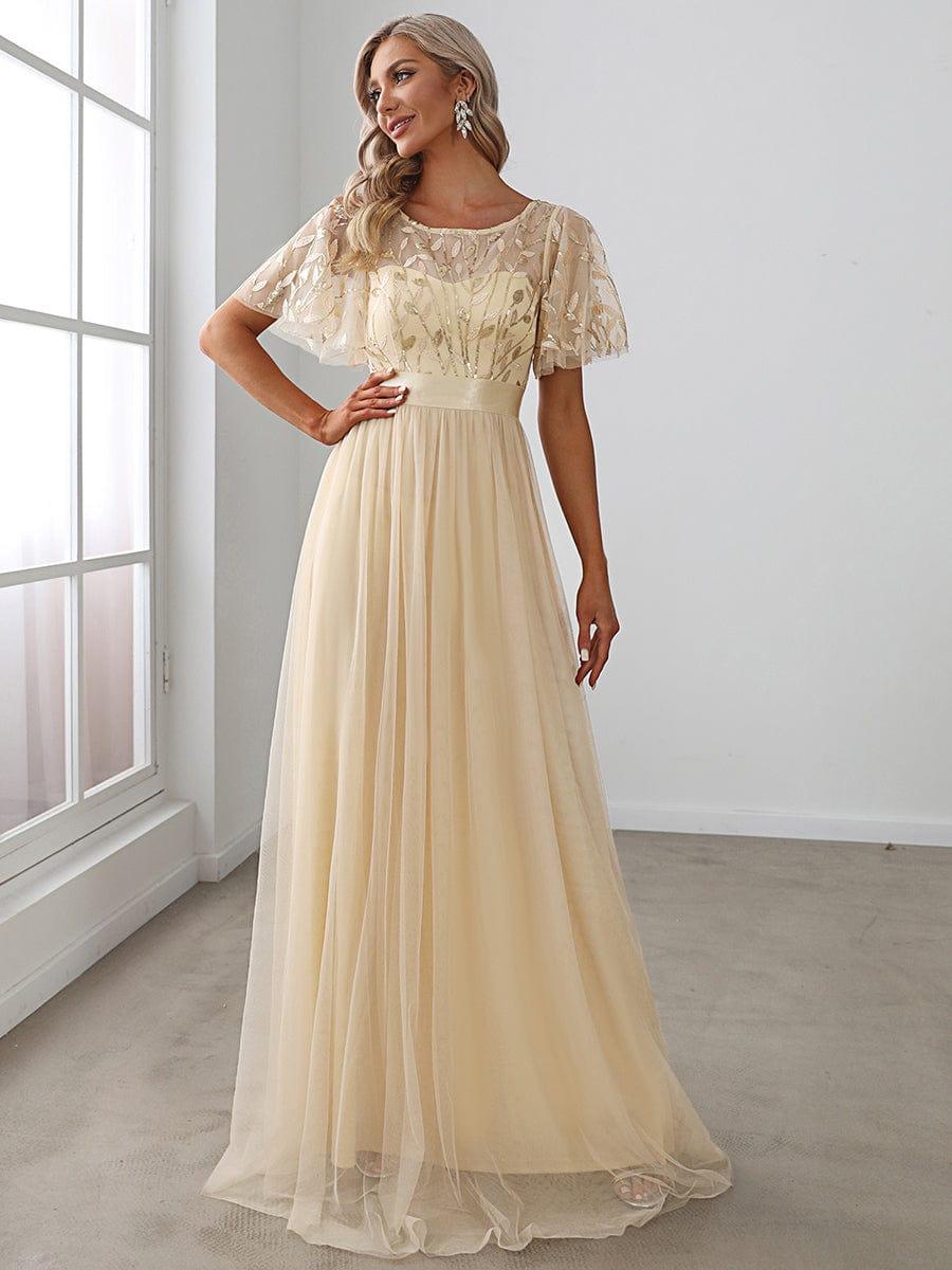 Women's A-Line Short Sleeve Embroidery Floor Length Bridesmaid Dresses #color_Gold