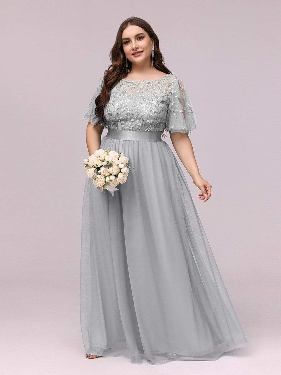 Plus Size Women's Embroidery Bridesmaid Dress with Short Sleeve #color_Grey