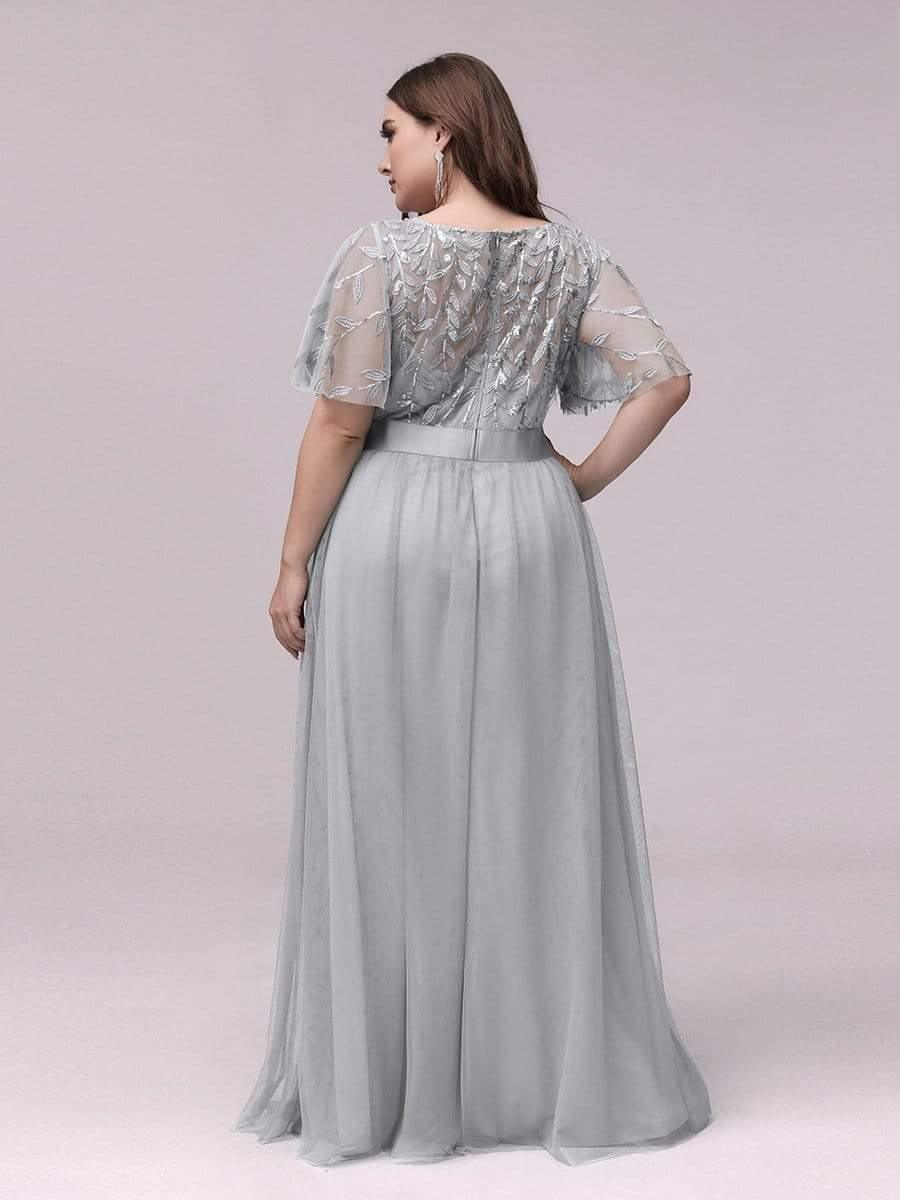 Women's A-Line Short Sleeve Embroidery Floor Length Bridesmaid Dresses #color_Grey