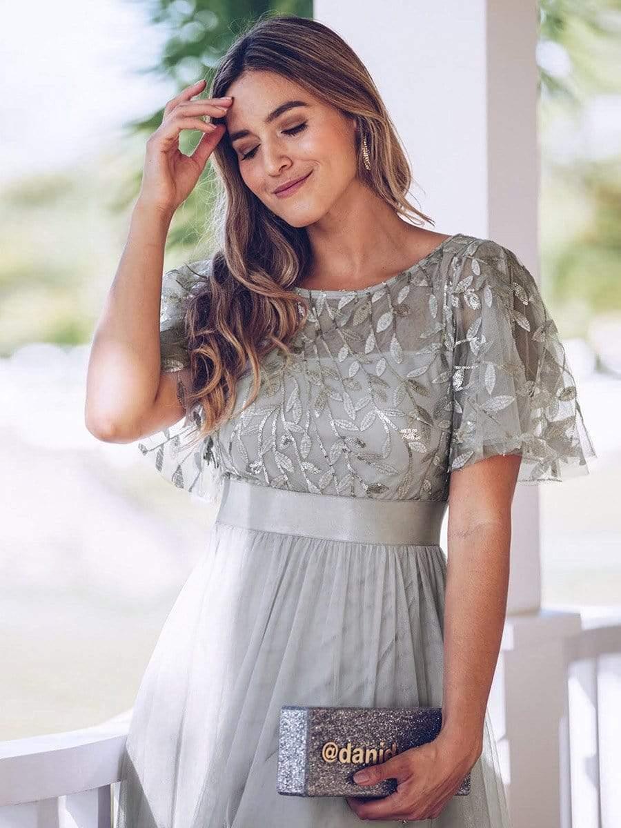 Women's A-Line Short Sleeve Embroidery Floor Length Bridesmaid Dresses #color_Grey
