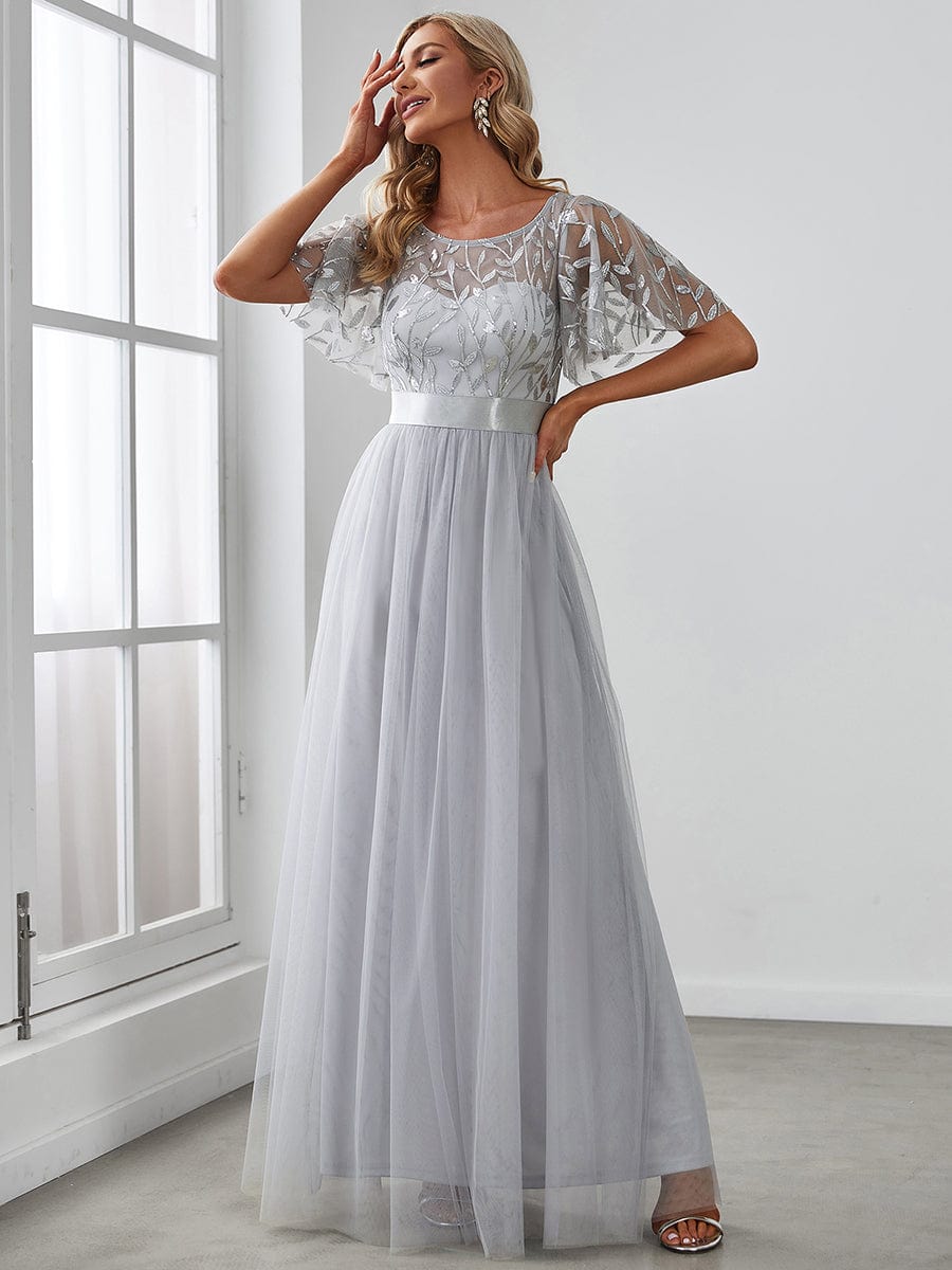 Women's A-Line Short Sleeve Embroidery Floor Length Wedding Guest Dresses #color_Grey