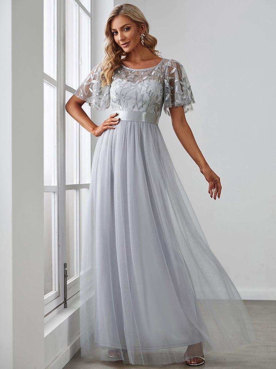 Women's A-Line Short Sleeve Embroidery Floor Length Bridesmaid Dresses #color_Grey