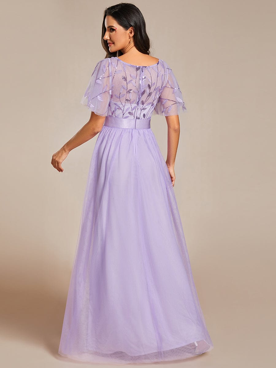 Women's A-Line Short Sleeve Embroidery Floor Length Wedding Guest Dresses #color_Lavender
