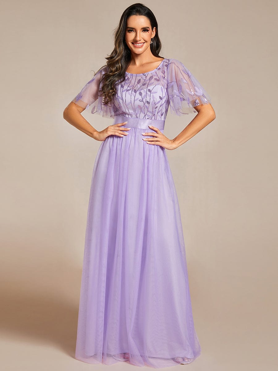 Women's A-Line Short Sleeve Embroidery Floor Length Wedding Guest Dresses #color_Lavender