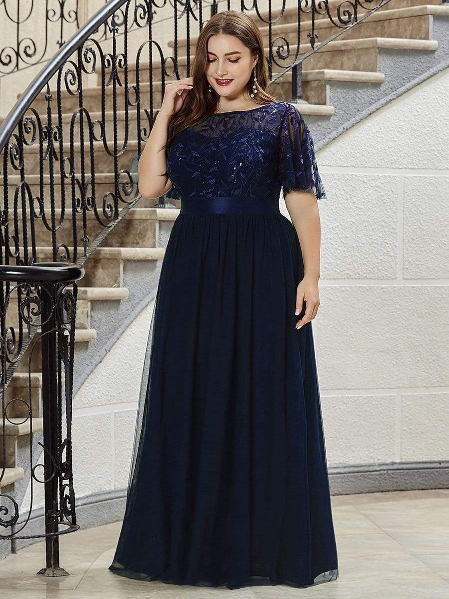 Women's A-Line Short Sleeve Embroidery Floor Length Bridesmaid Dresses #color_Navy Blue