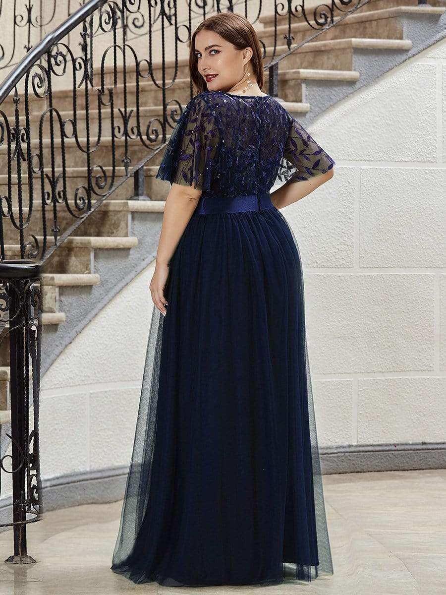 Plus Size Women's Embroidery Bridesmaid Dress with Short Sleeve #color_Navy Blue