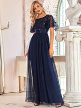 Women's A-Line Short Sleeve Embroidery Floor Length Wedding Guest Dresses #color_Navy Blue