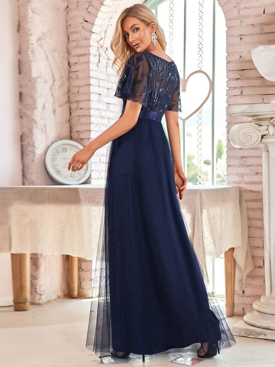 Women's A-Line Short Sleeve Embroidery Floor Length Bridesmaid Dresses #color_Navy Blue