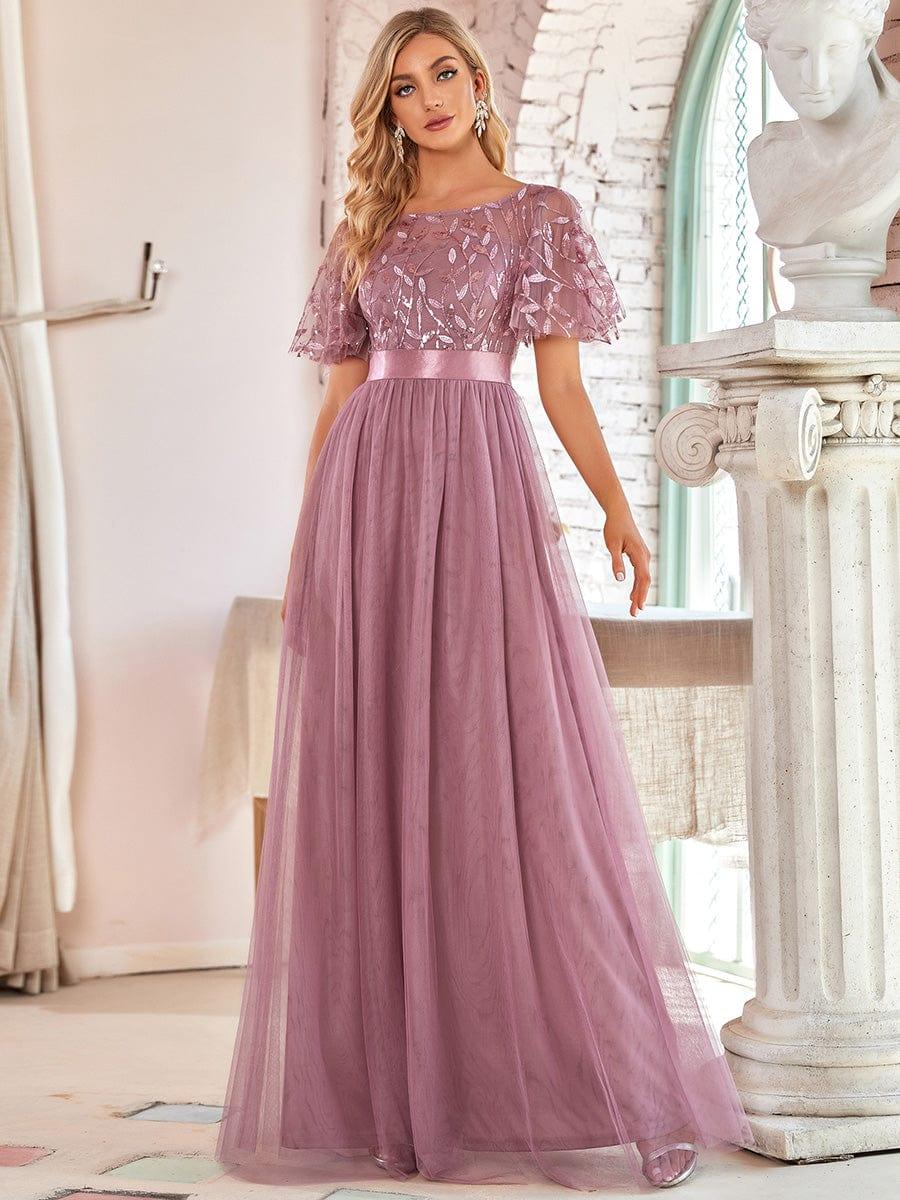 Women's A-Line Short Sleeve Embroidery Floor Length Bridesmaid Dresses #color_Purple Orchid