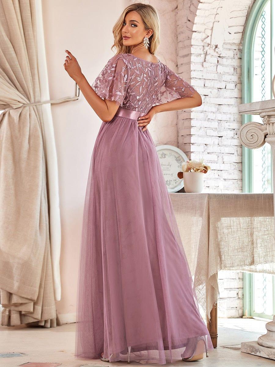 Women's A-Line Short Sleeve Embroidery Floor Length Bridesmaid Dresses #color_Purple Orchid