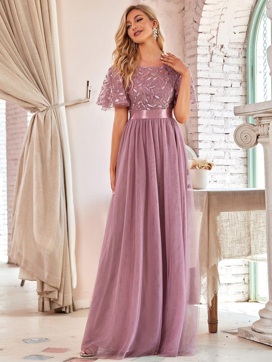 Women's A-Line Short Sleeve Embroidery Floor Length Bridesmaid Dresses #color_Purple Orchid