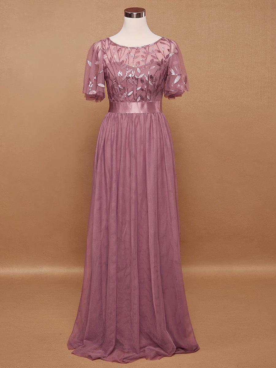 Women's A-Line Short Sleeve Embroidery Floor Length Bridesmaid Dresses #color_Purple Orchid