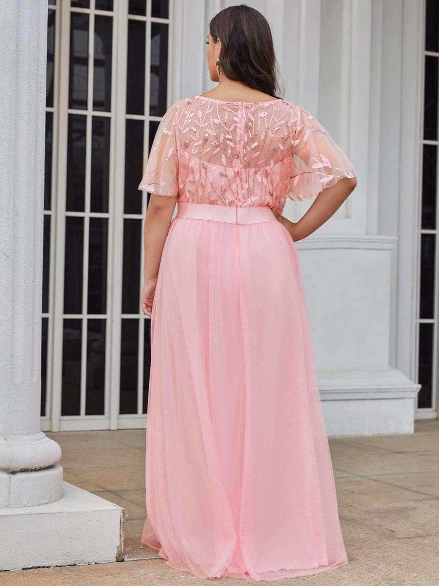 Plus Size Women's Embroidery Bridesmaid Dress with Short Sleeve #color_Pink
