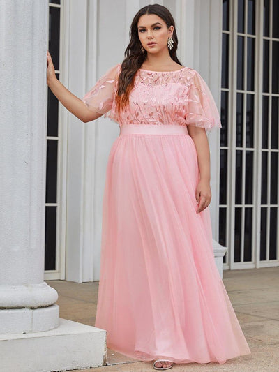 Plus Size Women's Embroidery Bridesmaid Dress with Short Sleeve #color_Pink