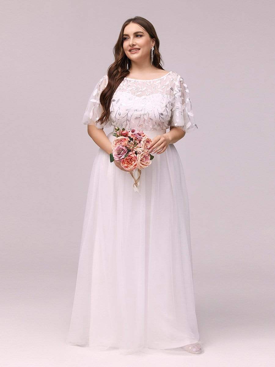 Plus Size Women's Embroidery Bridesmaid Dress with Short Sleeve #color_White