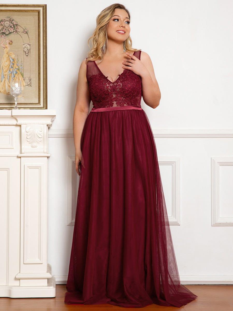 Women's A-Line V-Neck Floral Lace Appliques Bridesmaid Dress #color_Burgundy
