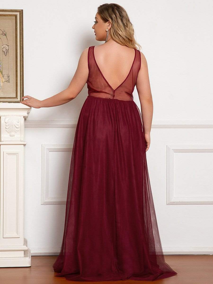 Plus Size Women's A-Line V-Neck Floral Lace Appliques Bridesmaid Dress #color_Burgundy