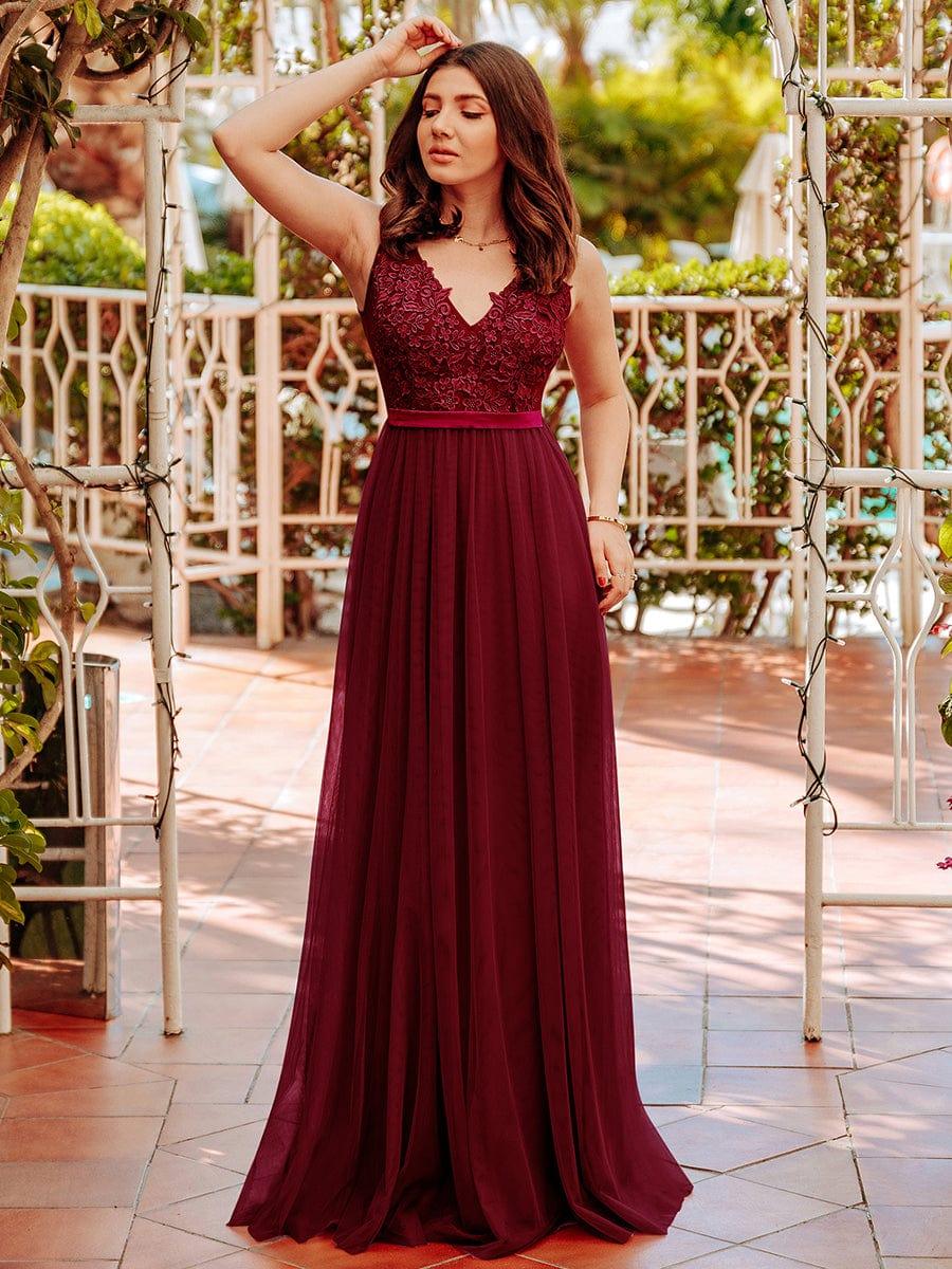 Women's A-Line V-Neck Floral Lace Appliques Bridesmaid Dress #color_Burgundy