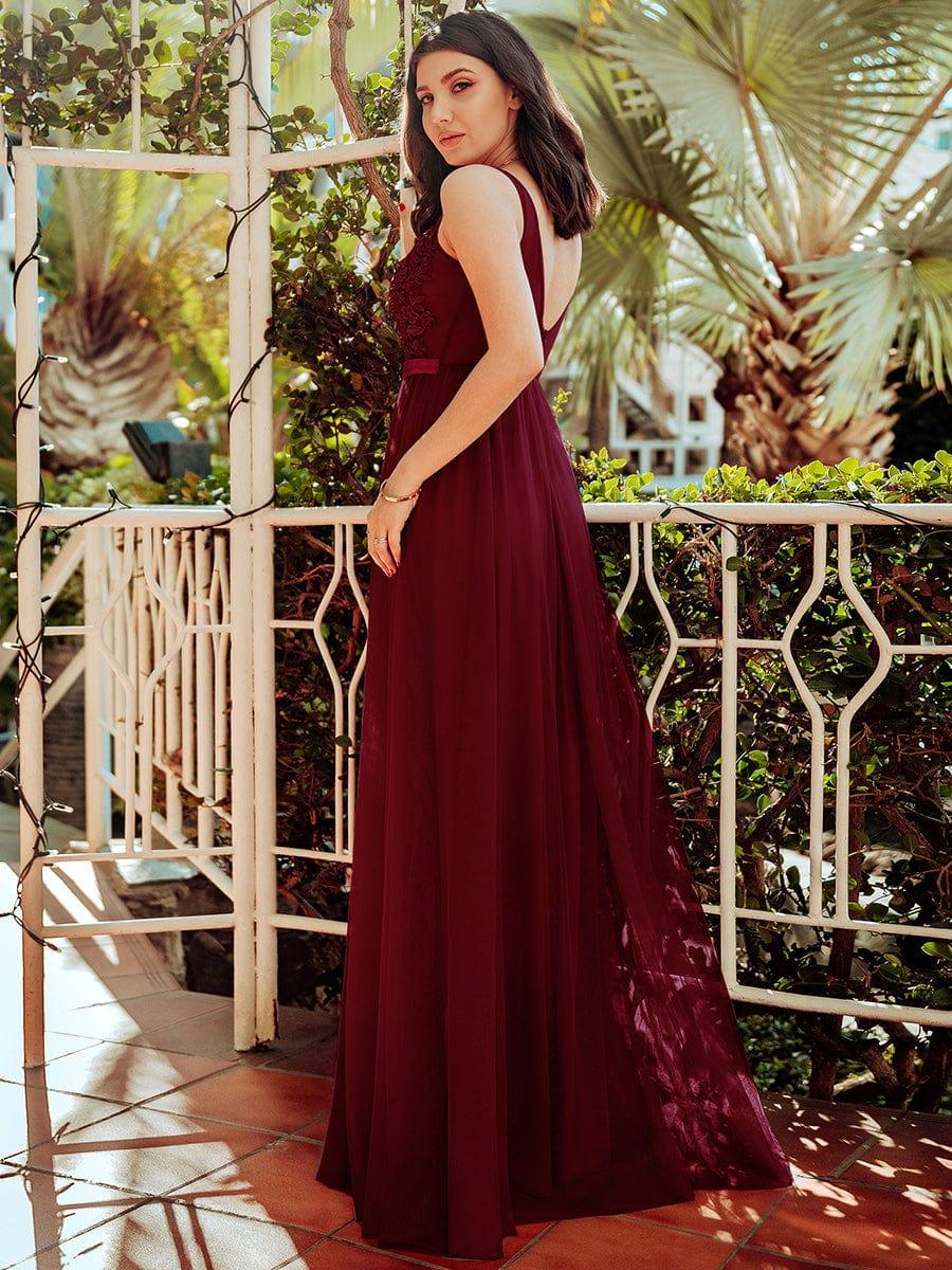 Women's A-Line V-Neck Floral Lace Appliques Bridesmaid Dress #color_Burgundy