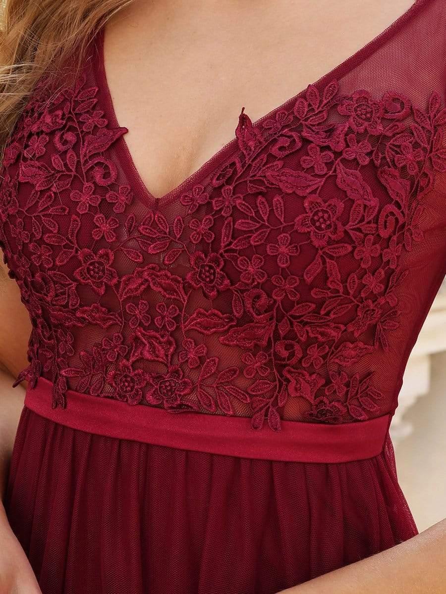 Women's A-Line V-Neck Floral Lace Appliques Bridesmaid Dress #color_Burgundy