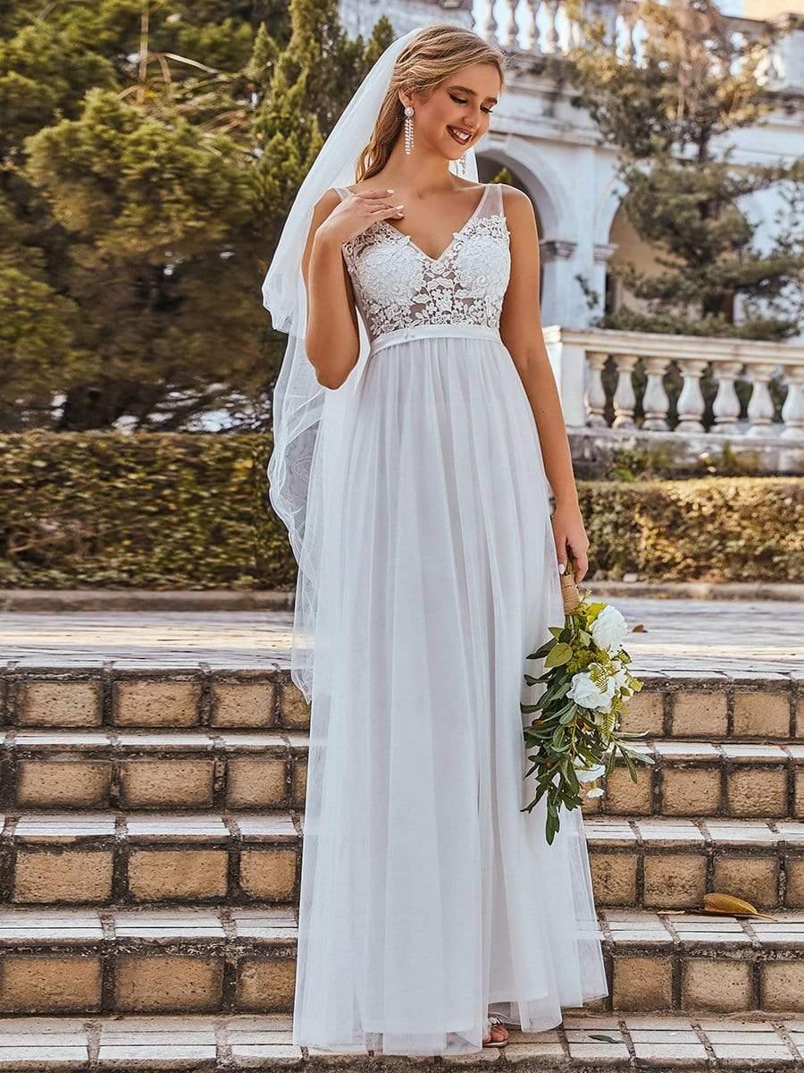 Women's A-Line V-Neck Floral Lace Appliques Bridesmaid Dress #color_Cream