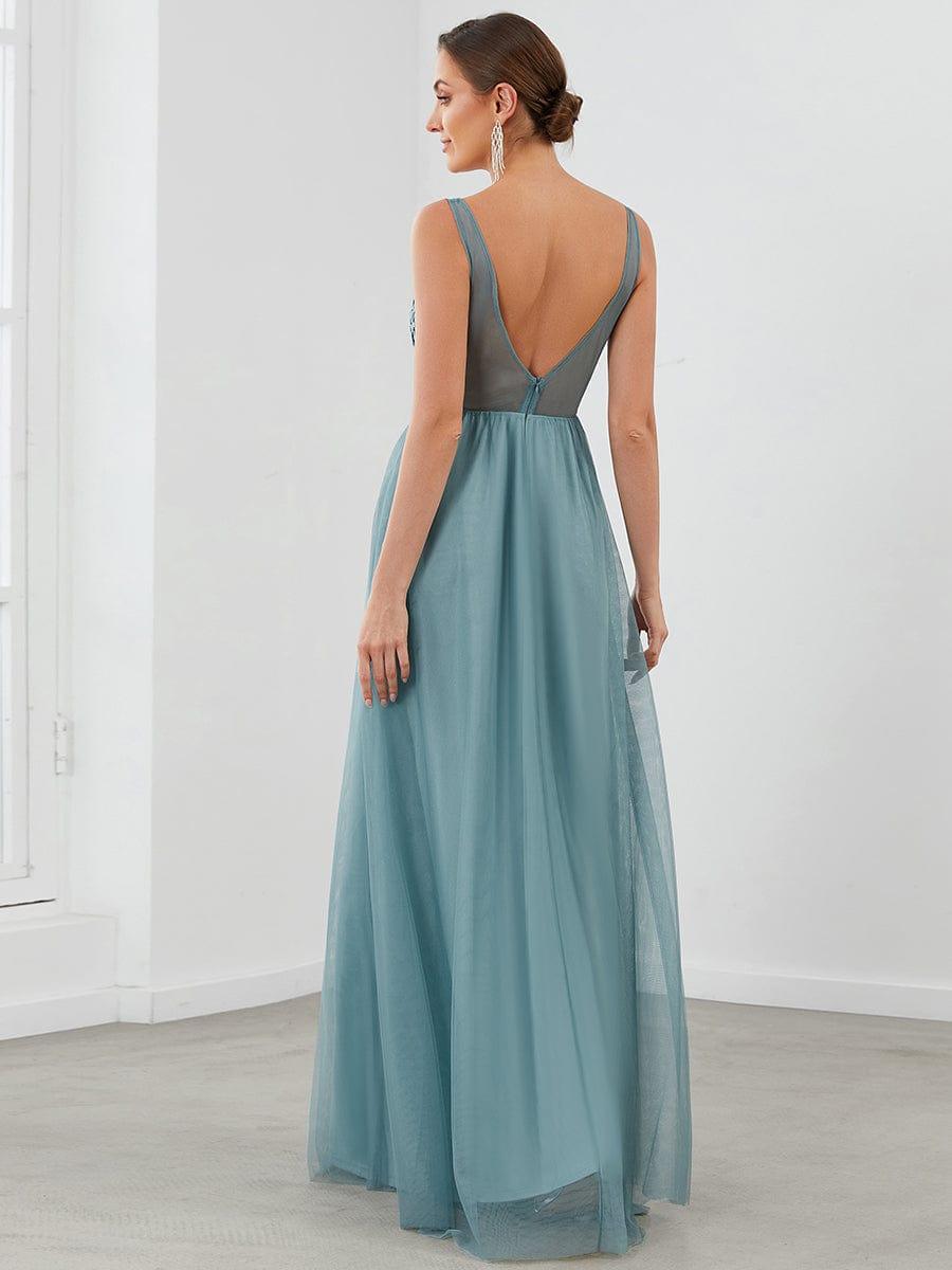 Women's A-Line V-Neck Floral Lace Appliques Bridesmaid Dress #color_Light Teal