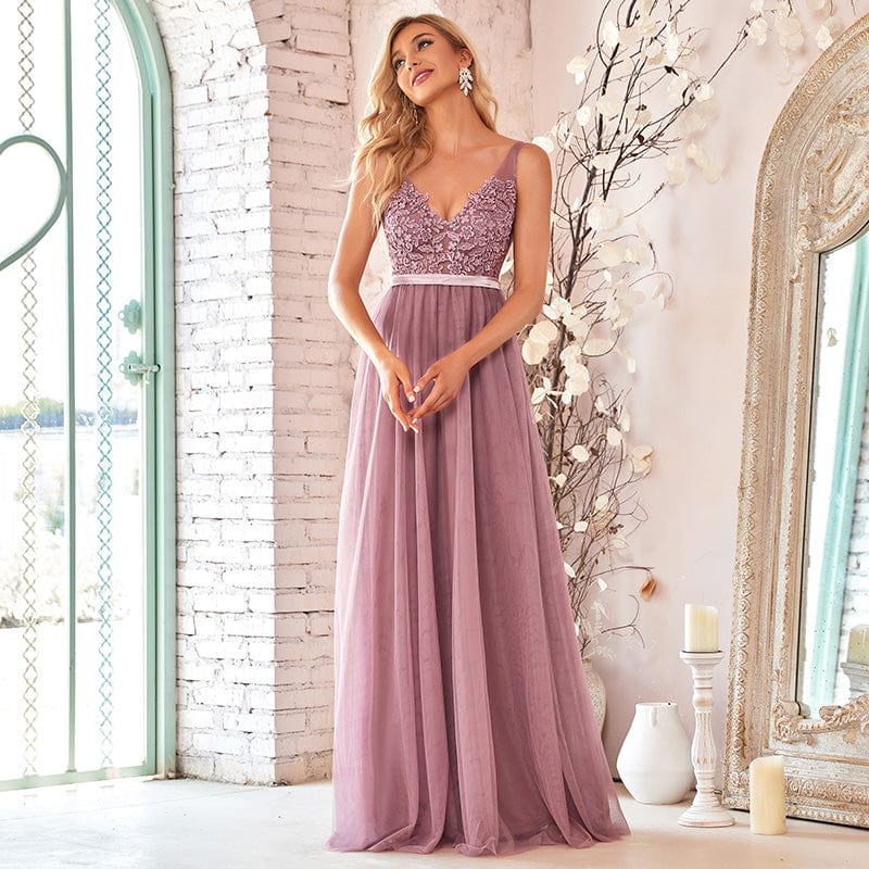 Custom Size A-Line V-Neck Floral Lace Appliques Bridesmaid Dress