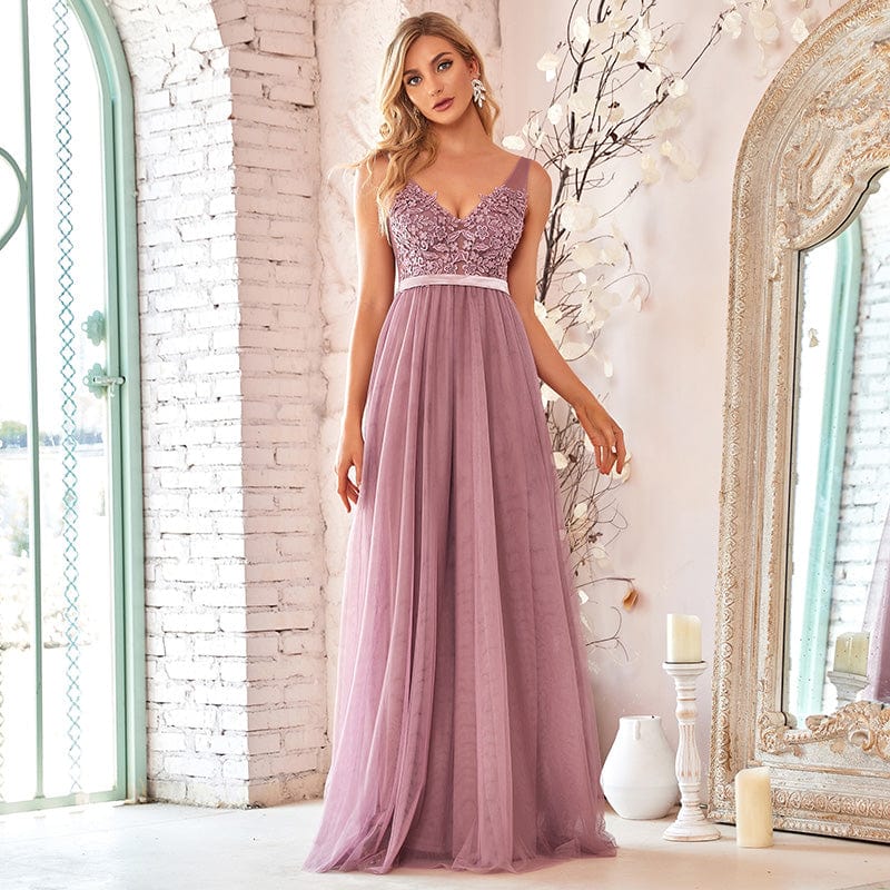 Custom Size A-Line V-Neck Floral Lace Appliques Bridesmaid Dress