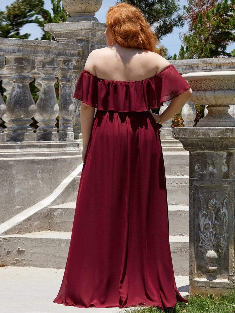 Women's Off-The-Shoulder Ruffle Thigh Split Plus Size Bridesmaid Dress #color_Burgundy