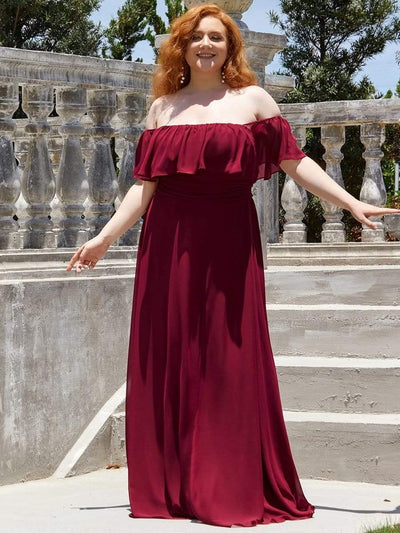 Women's Off-The-Shoulder Ruffle Thigh Split Plus Size Bridesmaid Dress #color_Burgundy