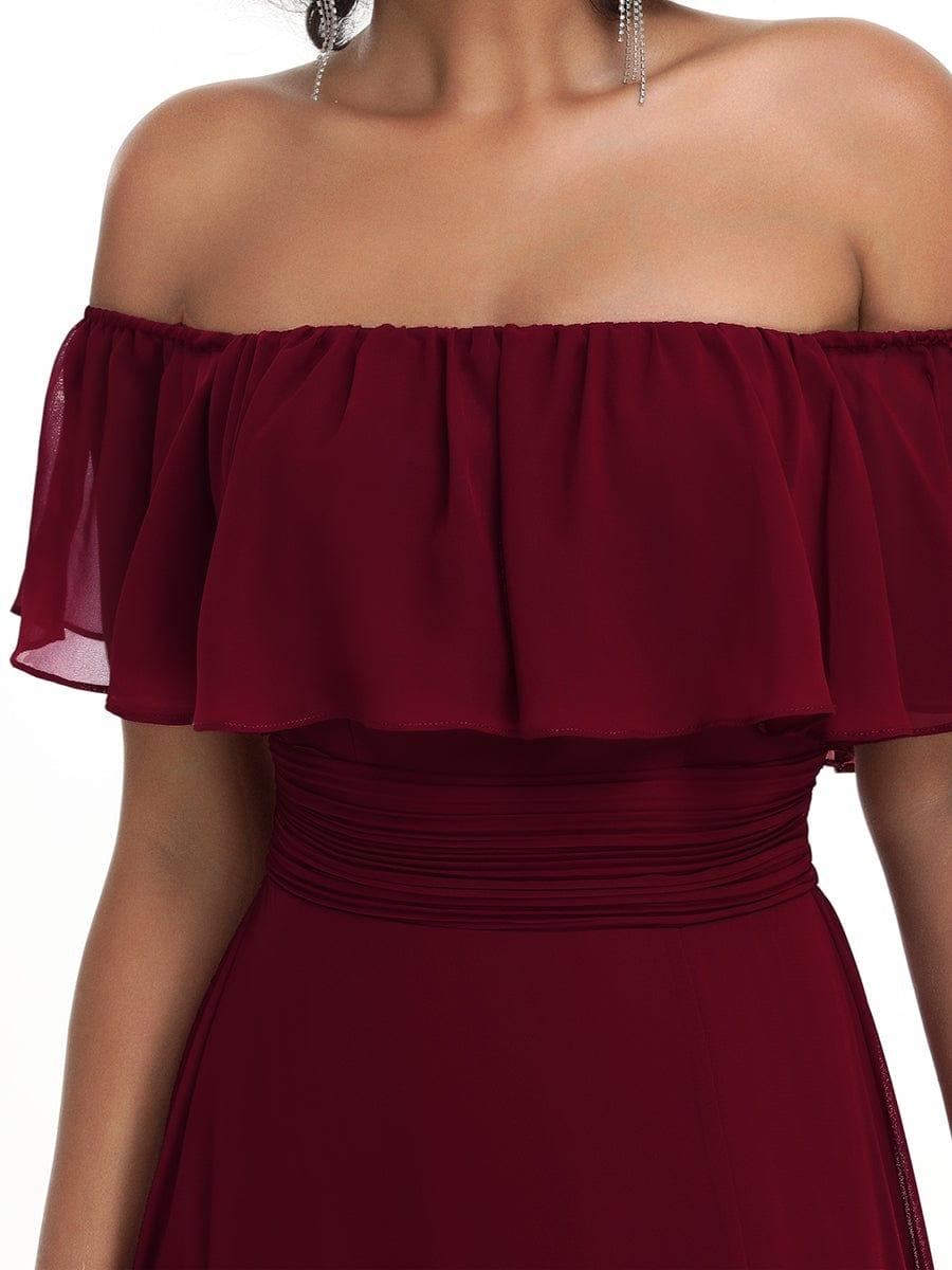 Custom Size Women's Off-The-Shoulder Ruffle Thigh Split Bridesmaid Dresses #color_Burgundy