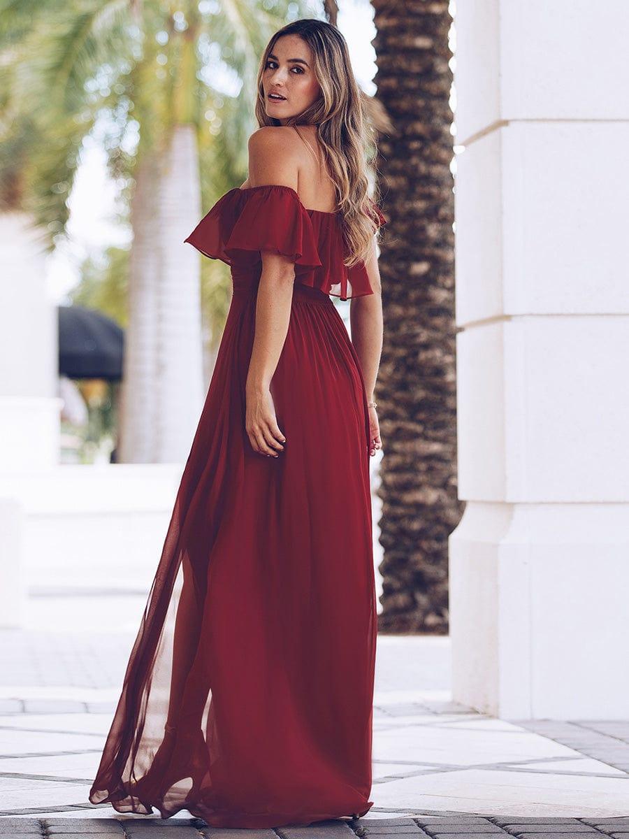 Custom Size Women's Off-The-Shoulder Ruffle Thigh Split Bridesmaid Dresses #color_Burgundy