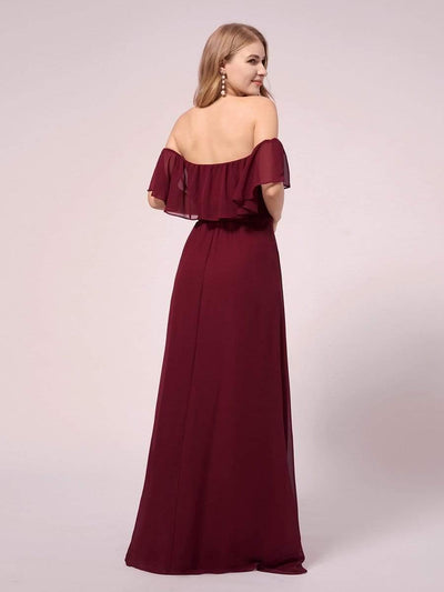 Women's A-Line Off Shoulder Ruffle Thigh Split Maternity Dresses #color_Burgundy