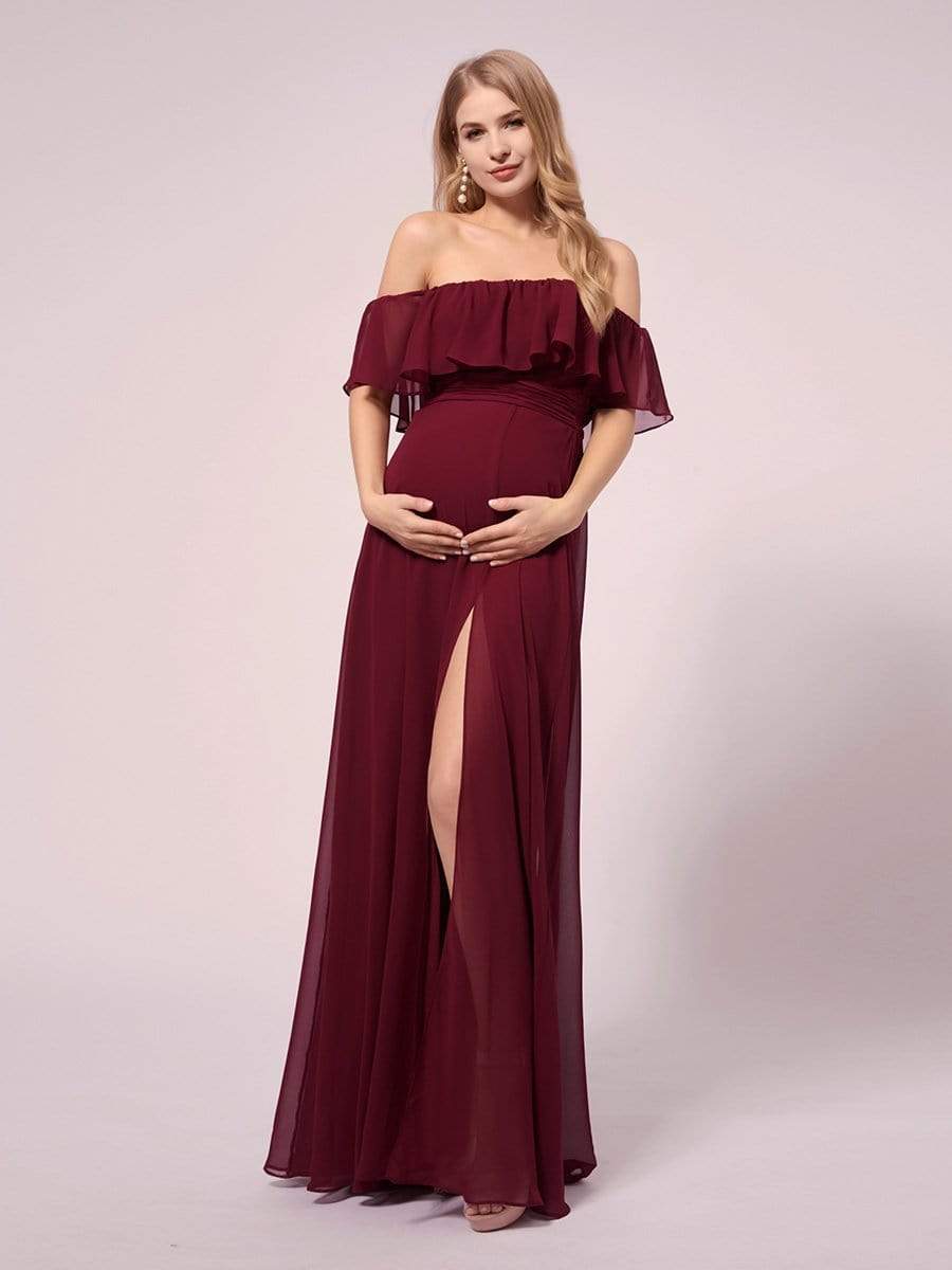 Women's A-Line Off Shoulder Ruffle Thigh Split Maternity Dresses #color_Burgundy