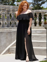 Women's Off-The-Shoulder Ruffle Thigh Split Plus Size Bridesmaid Dress #color_Black