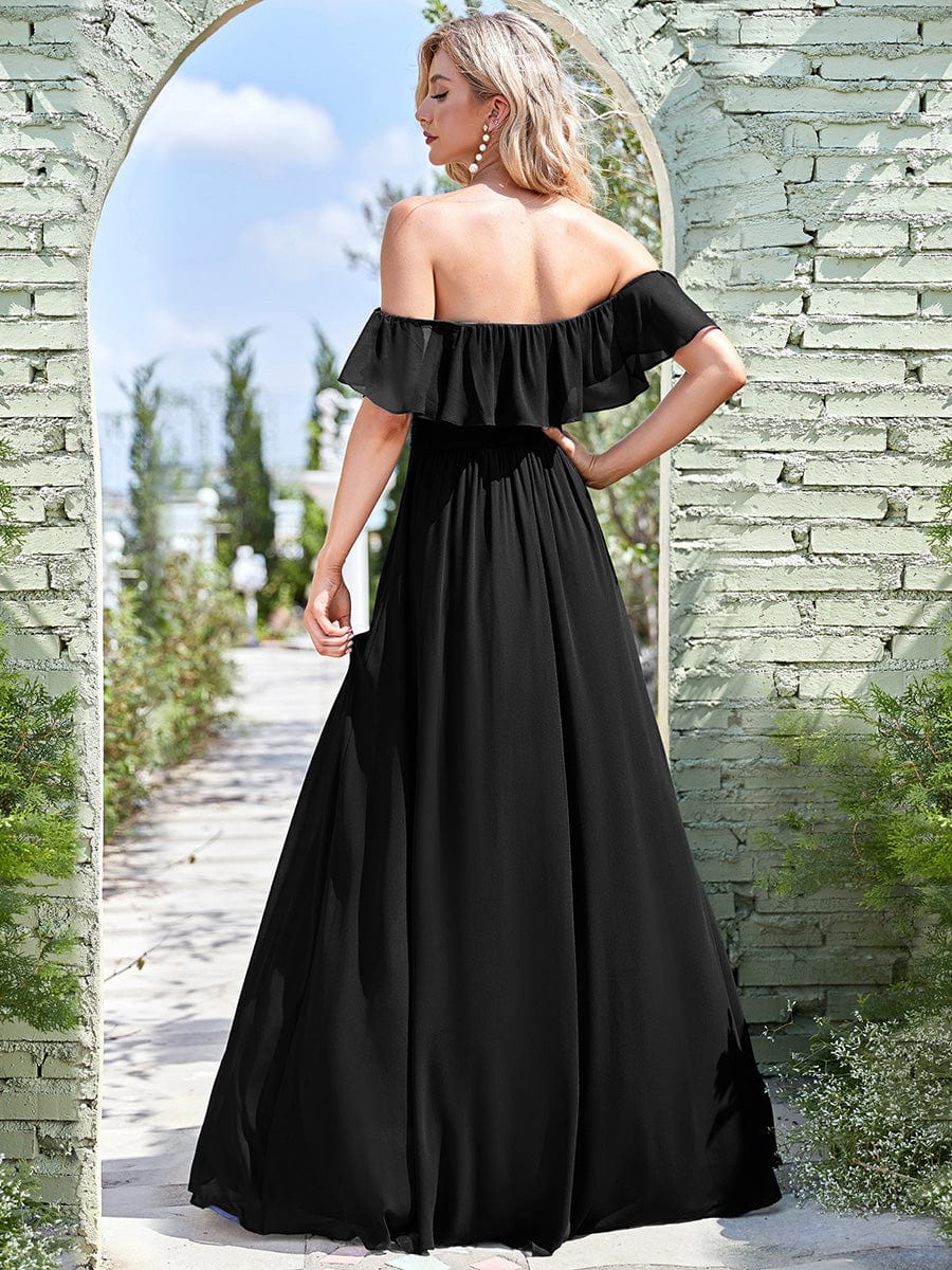 Custom Size Women's Off-The-Shoulder Ruffle Thigh Split Bridesmaid Dresses #color_Black