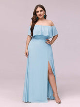Women's Off-The-Shoulder Ruffle Thigh Split Plus Size Bridesmaid Dress #color_Sky Blue