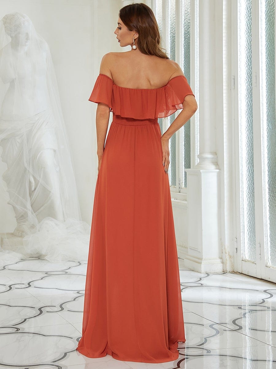 Plain Off Shoulder Chiffon Wedding Dress with Side Split #color_Burnt Orange