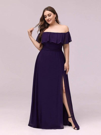 Women's Off-The-Shoulder Ruffle Thigh Split Plus Size Bridesmaid Dress #color_Dark Purple