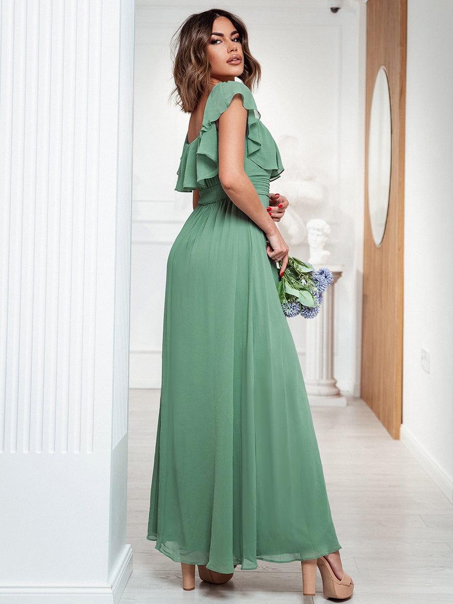 Custom Size Women's Off-The-Shoulder Ruffle Thigh Split Bridesmaid Dresses #color_Green Bean
